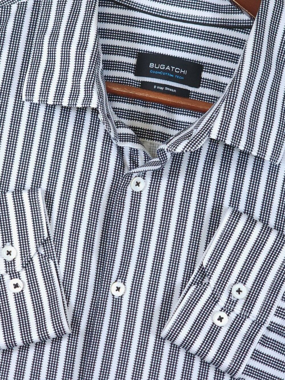 Bugatchi OoohCotton Tech Shirt XXL Black White Striped Gingham 8 Way Stretch